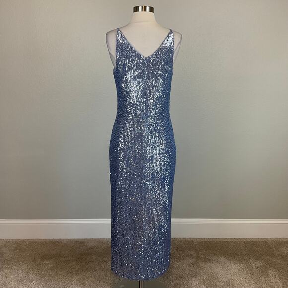 XSCAPE Sequined Midi Sheath Cocktail Dress Blue Size 6 Sleeveless V-Neck - Picture 6 of 14